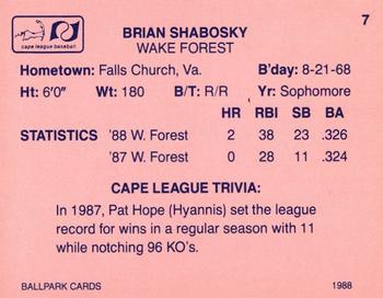 1988 Ballpark Cape Cod League Prospects #7 Brian Shabosky Back