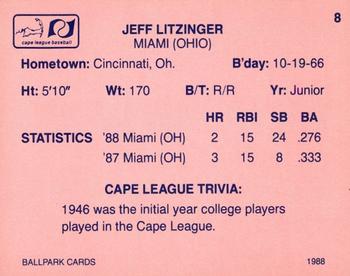 1988 Ballpark Cape Cod League Prospects #8 Jeff Litzinger Back