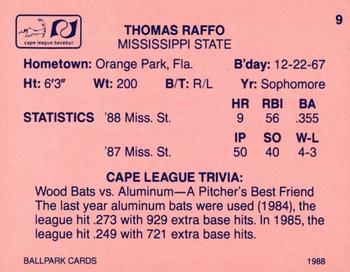 1988 Ballpark Cape Cod League Prospects #9 Thomas Raffo Back