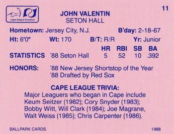 1988 Ballpark Cape Cod League Prospects #11 John Valentin Back