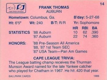 1988 Ballpark Cape Cod League Prospects #14 Frank Thomas Back