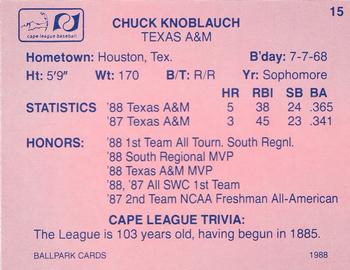 1988 Ballpark Cape Cod League Prospects #15 Chuck Knoblauch Back
