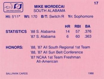 1988 Ballpark Cape Cod League Prospects #17 Mike Mordecai Back