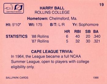 1988 Ballpark Cape Cod League Prospects #19 Harry Ball Back