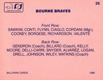 1988 Ballpark Cape Cod League Prospects #26 Bourne Braves Back