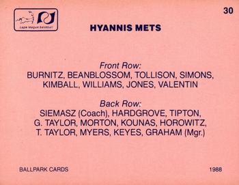 1988 Ballpark Cape Cod League Prospects #30 Hyannis Mets Back