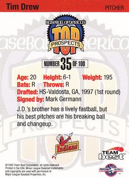 1999 Team Best Baseball America #35 Tim Drew Back