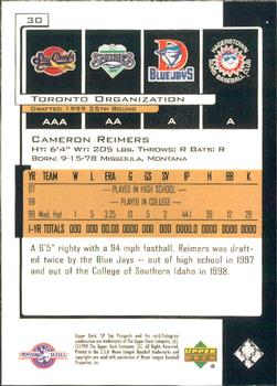 2000 SP Top Prospects #30 Cameron Reimers Back