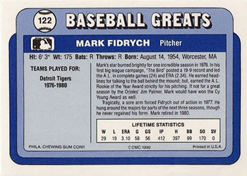 1990 Swell Baseball Greats #122 Mark Fidrych Back
