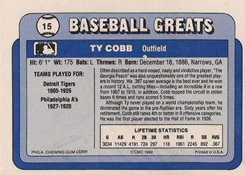 1990 Swell Baseball Greats #15 Ty Cobb Back