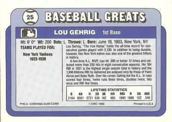 1990 Swell Baseball Greats #25 Lou Gehrig Back