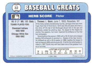 1990 Swell Baseball Greats #32 Herb Score Back