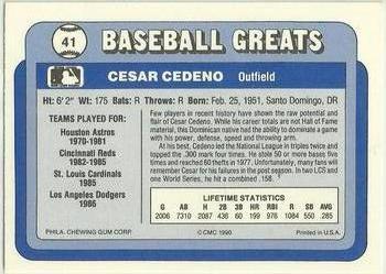1990 Swell Baseball Greats #41 Cesar Cedeno Back