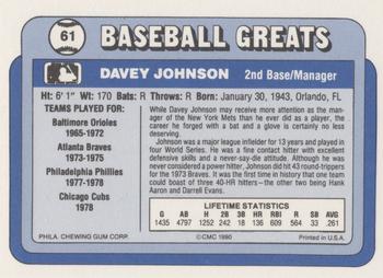1990 Swell Baseball Greats #61 Davey Johnson Back