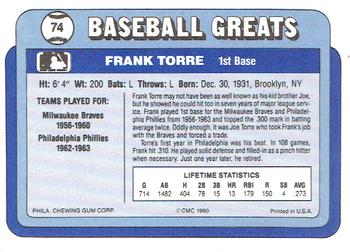 1990 Swell Baseball Greats #74 Frank Torre Back