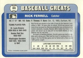 1990 Swell Baseball Greats #86 Rick Ferrell Back