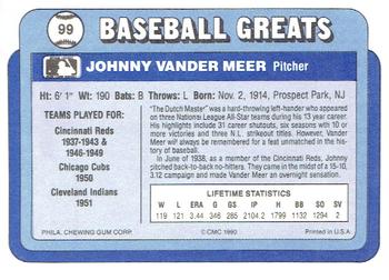 1990 Swell Baseball Greats #99 Johnny Vander Meer Back