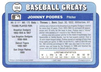 1990 Swell Baseball Greats #104 Johnny Podres Back
