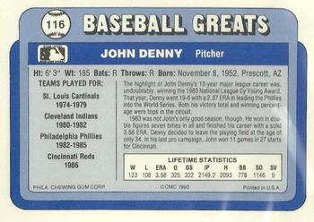 1990 Swell Baseball Greats #116 John Denny Back