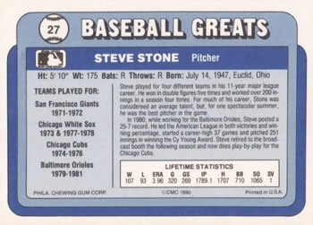 1990 Swell Baseball Greats #27 Steve Stone Back