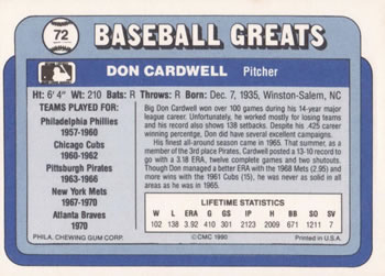 1990 Swell Baseball Greats #72 Don Cardwell Back