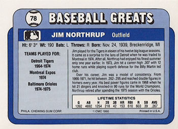 1990 Swell Baseball Greats #78 Jim Northrup Back