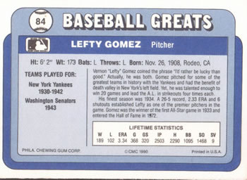 1990 Swell Baseball Greats #84 Lefty Gomez Back