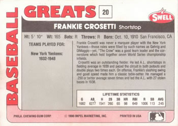 1991 Swell Baseball Greats #20 Frankie Crosetti Back