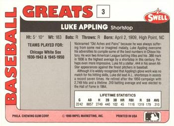 1991 Swell Baseball Greats #3 Luke Appling Back