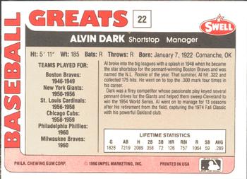 1991 Swell Baseball Greats #22 Alvin Dark Back