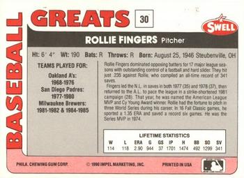 1991 Swell Baseball Greats #30 Rollie Fingers Back