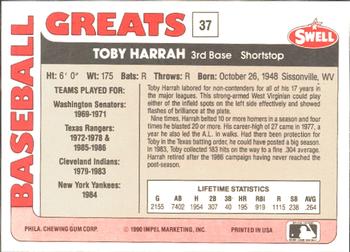 1991 Swell Baseball Greats #37 Toby Harrah Back