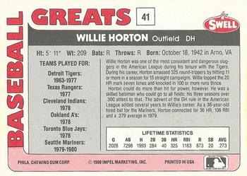 1991 Swell Baseball Greats #41 Willie Horton Back