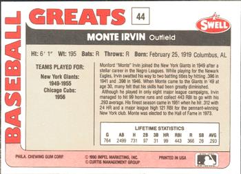 1991 Swell Baseball Greats #44 Monte Irvin Back