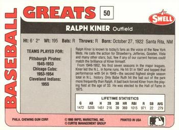 1991 Swell Baseball Greats #50 Ralph Kiner Back