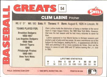 1991 Swell Baseball Greats #54 Clem Labine Back
