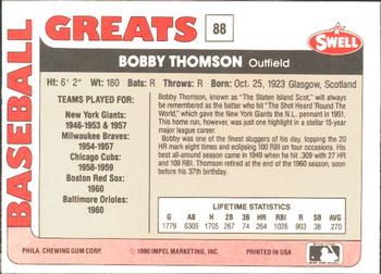 1991 Swell Baseball Greats #88 Bobby Thomson Back