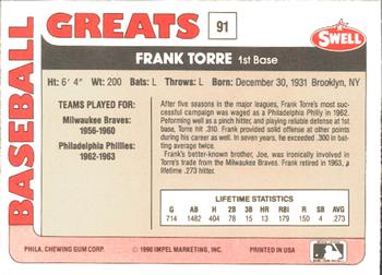 1991 Swell Baseball Greats #91 Frank Torre Back