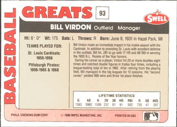 1991 Swell Baseball Greats #93 Bill Virdon Back