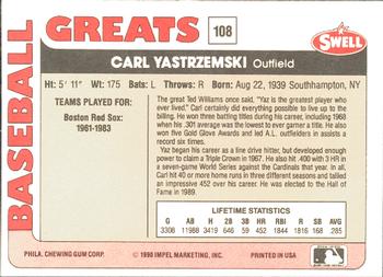 1991 Swell Baseball Greats #108 Carl Yastrzemski Back