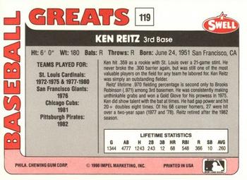 1991 Swell Baseball Greats #119 Ken Reitz Back