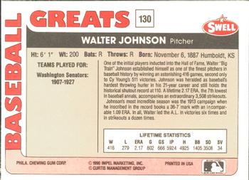 1991 Swell Baseball Greats #130 Walter Johnson Back