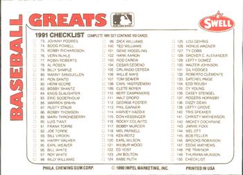 1991 Swell Baseball Greats #150 Checklist Back