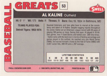 1991 Swell Baseball Greats #53 Al Kaline Back