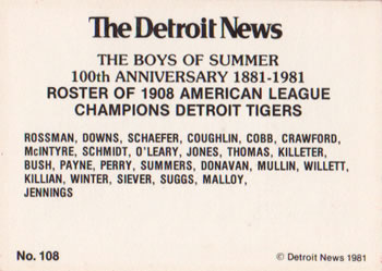 1981 Detroit News Detroit Tigers #108 1908 Tigers Back