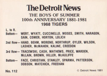 1981 Detroit News Detroit Tigers #112 1968 Tigers Back