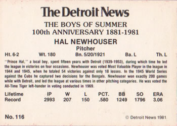 1981 Detroit News Detroit Tigers #116 Hal Newhouser Back