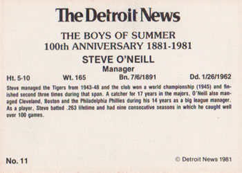 1981 Detroit News Detroit Tigers #11 Steve O'Neill Back