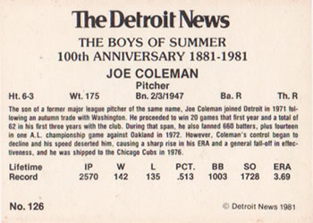 1981 Detroit News Detroit Tigers #126 Joe Coleman Back