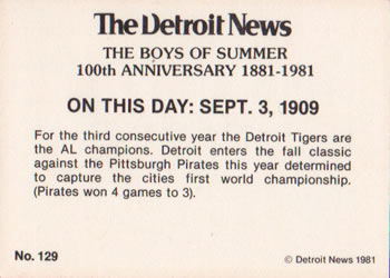 1981 Detroit News Detroit Tigers #129 On This Day: Sept. 3, 1909 Back